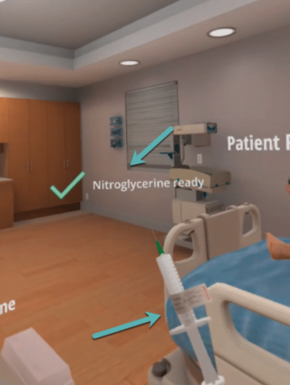 Photo of a medical scenario made while designing a VR training scenario with trainee prepping a nitroglycerine dose.