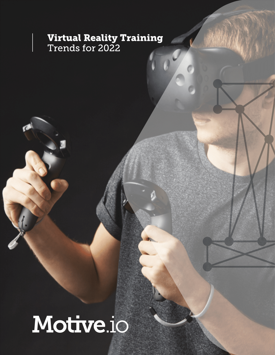 Cover page for VR Training Trends for 2022 with title, company logo, and photo of man in VR headset with controllers