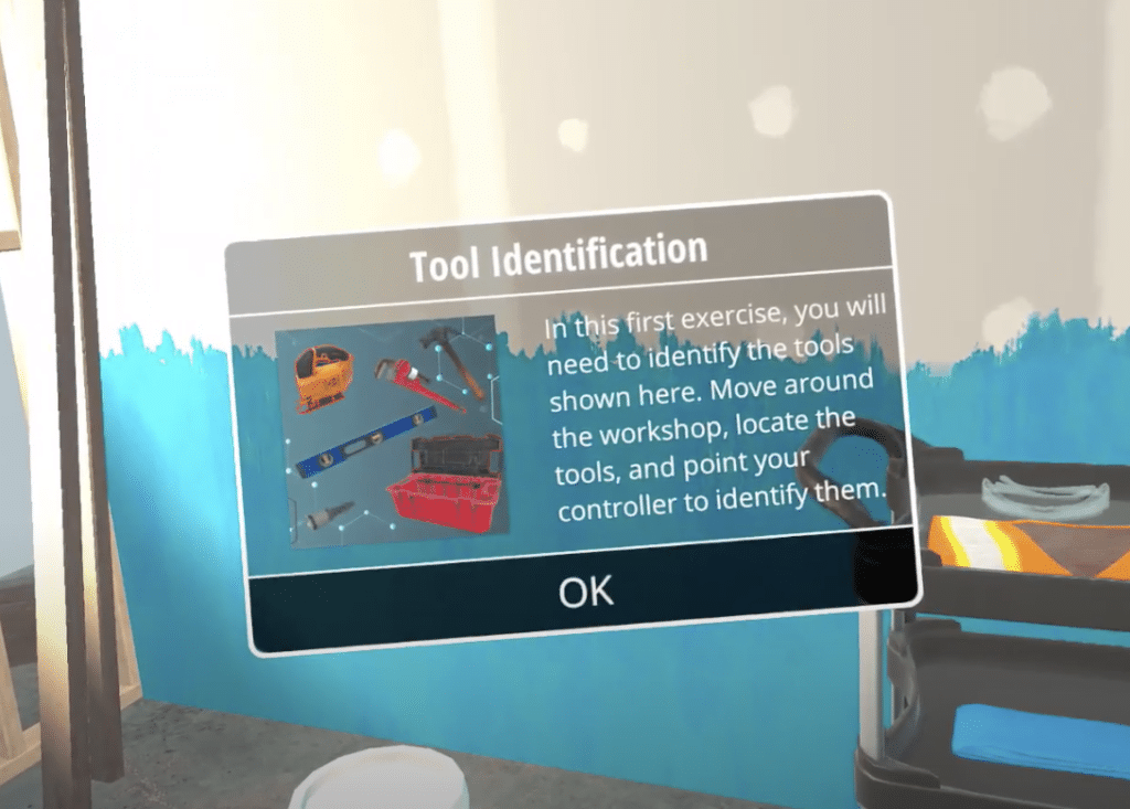 Increase VR training accessibility with prompts such as this one, calling out tool identification.