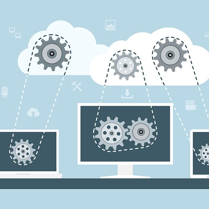 Cloud computing concept. Data storage network technology. PC, laptop and tablet connected to the clouds with gear transmission. Flat style illustration.